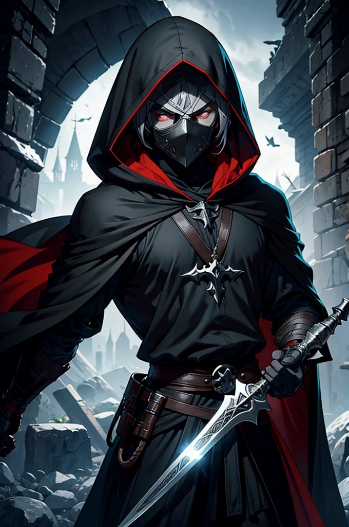 An assassin, male, fantasy character, physically strong, wearing a skull mask covering his face and eyes, dressed in black medieval attire, with a white hooded cloak over it, gray hair, short hair, red eyes, holding a dagger, nighttime background.