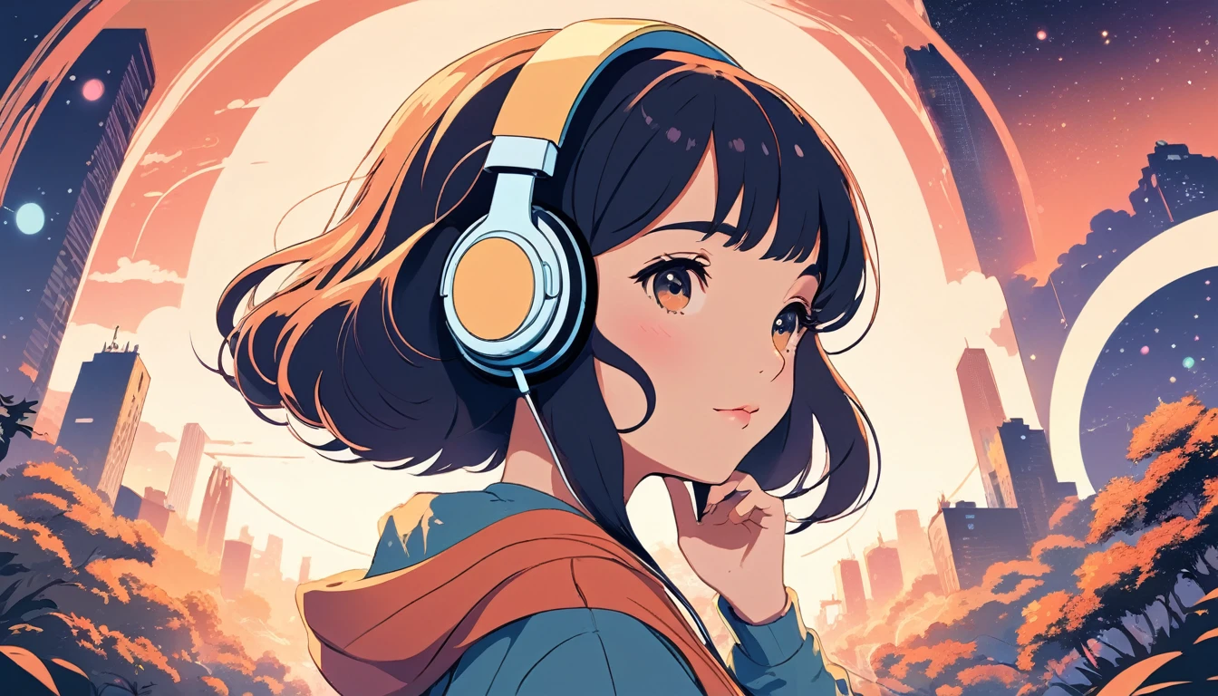 Girl with headphones, Wide-angle lens, Lofi Anime, Lofi illustration, Aesthetic atmosphere, Lo-Fi Style, Vector art, Flat Design, Simple shape, Warm tones, Pleasant atmosphere, Chill, In anime style, Digital drawing, Vector art, Vector logo for t-shirt printing, (Adorable:1.5), (small:1.4), (Playful:1.2), (soft:1.3), (Whimsical:1.1), masterpiece, Highest quality, 8k, Intricate details, grow, Celestial, Mysterious, Picturesque, amazing, Majestic, Magic, Fantasy art, Cover art, dream-like