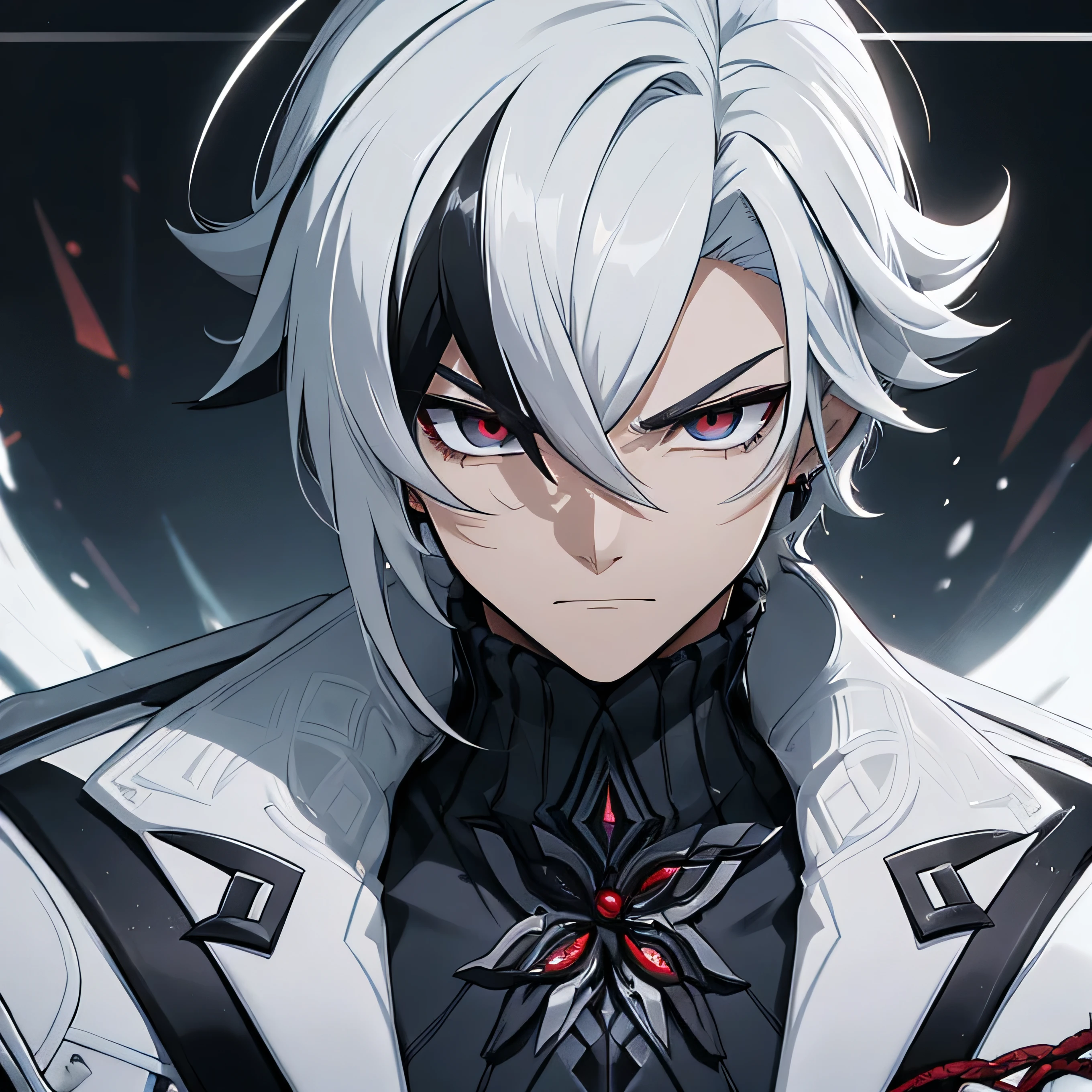 male anime character, his eyes must be golden. your black and white outfit. character similar to Alerchinno from the game Genshin Impact. Your expression should be angry and a little sadistic.