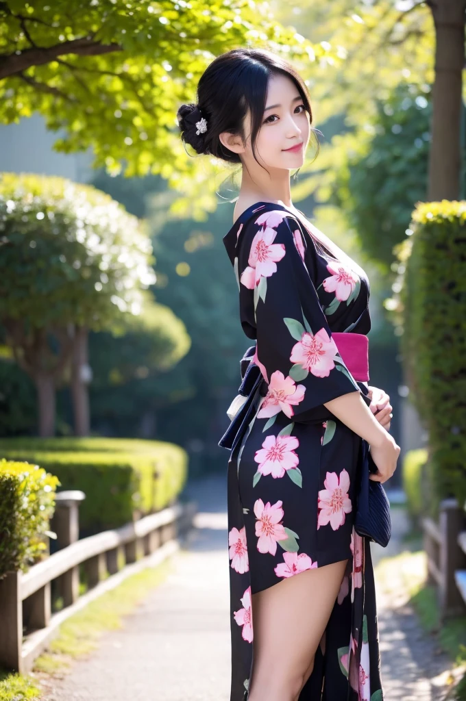Black Hair,Girls in their 20s,1 person,Japanese Idol, Expressive and captivating eyes, Delicate hair,Black Hair,Detailed fingers and nails,d cupの胸,Beautiful legs,Masterpiece,8k,Highest quality,Photorealistic and highly detailed,Full photo including face,Various poses,Clear background,Full-body photography,Asymmetrical hair.Walking in the park,A beautiful woman walking in a beautiful yukata,Gorgeous updo,