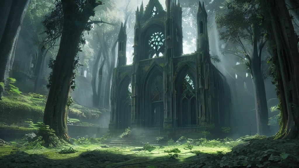 A majestic yet eerie medieval cathedral stands in the heart of a dense, shadowy forest. The cathedral’s ancient stone walls are overgrown with dark ivy, and its tall, stained-glass windows are cracked but still shimmer with faint, ghostly light. Sunlight barely penetrates the thick canopy of twisted, gnarled trees that surround the clearing, casting an otherworldly glow on the structure. The forest floor is littered with fallen leaves and twisted roots, adding to the sense of age and abandonment. The cathedral’s spires reach skyward, piercing through the gloom, as if seeking salvation from the oppressive darkness. Flickering will-o'-the-wisps hover near the entrance, illuminating the worn steps and casting long, wavering shadows. Inside, the pews are coated with dust, and ancient, arcane symbols are etched into the stone. The air is thick with an unsettling silence, broken only by the distant calls of unseen creatures, creating a haunting atmosphere in this dark fantasy setting."