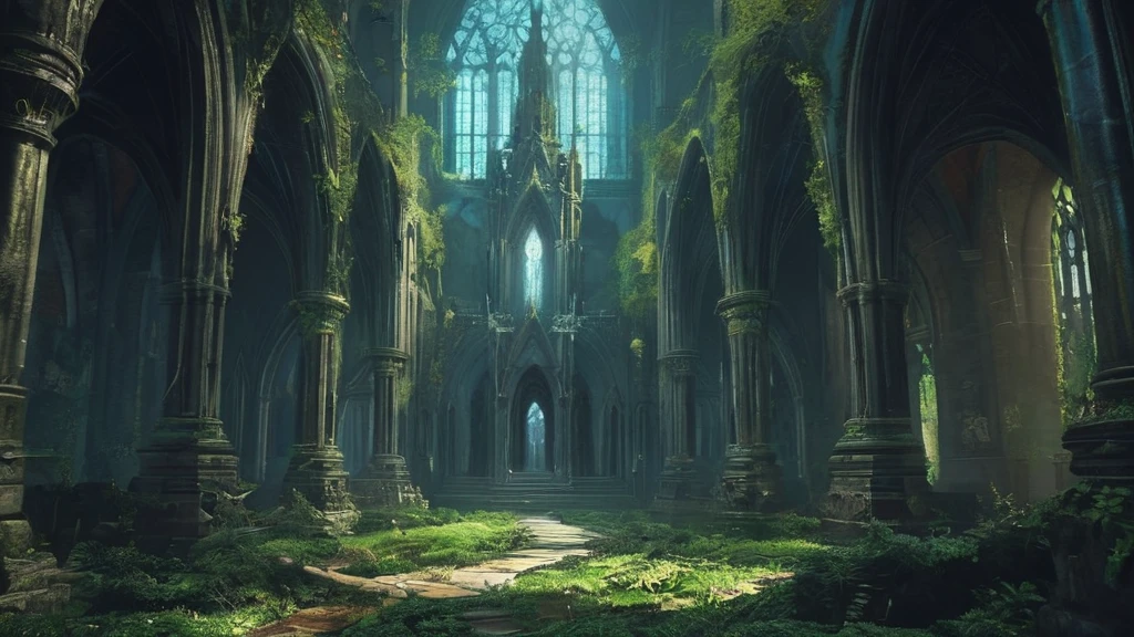 A majestic yet eerie medieval cathedral stands in the heart of a dense, shadowy forest. The cathedral’s ancient stone walls are overgrown with dark ivy, and its tall, stained-glass windows are cracked but still shimmer with faint, ghostly light. Sunlight barely penetrates the thick canopy of twisted, gnarled trees that surround the clearing, casting an otherworldly glow on the structure. The forest floor is littered with fallen leaves and twisted roots, adding to the sense of age and abandonment. The cathedral’s spires reach skyward, piercing through the gloom, as if seeking salvation from the oppressive darkness. Flickering will-o'-the-wisps hover near the entrance, illuminating the worn steps and casting long, wavering shadows. Inside, the pews are coated with dust, and ancient, arcane symbols are etched into the stone. The air is thick with an unsettling silence, broken only by the distant calls of unseen creatures, creating a haunting atmosphere in this dark fantasy setting."