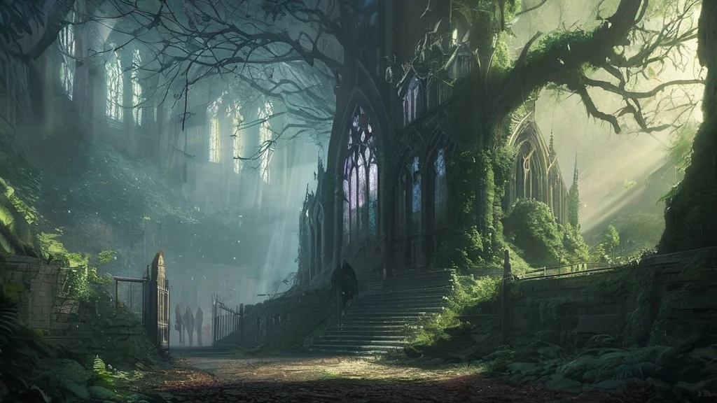 A majestic yet eerie medieval cathedral stands in the heart of a dense, shadowy forest. The cathedral’s ancient stone walls are overgrown with dark ivy, and its tall, stained-glass windows are cracked but still shimmer with faint, ghostly light. Sunlight barely penetrates the thick canopy of twisted, gnarled trees that surround the clearing, casting an otherworldly glow on the structure. The forest floor is littered with fallen leaves and twisted roots, adding to the sense of age and abandonment. The cathedral’s spires reach skyward, piercing through the gloom, as if seeking salvation from the oppressive darkness. Flickering will-o'-the-wisps hover near the entrance, illuminating the worn steps and casting long, wavering shadows. Inside, the pews are coated with dust, and ancient, arcane symbols are etched into the stone. The air is thick with an unsettling silence, broken only by the distant calls of unseen creatures, creating a haunting atmosphere in this dark fantasy setting."