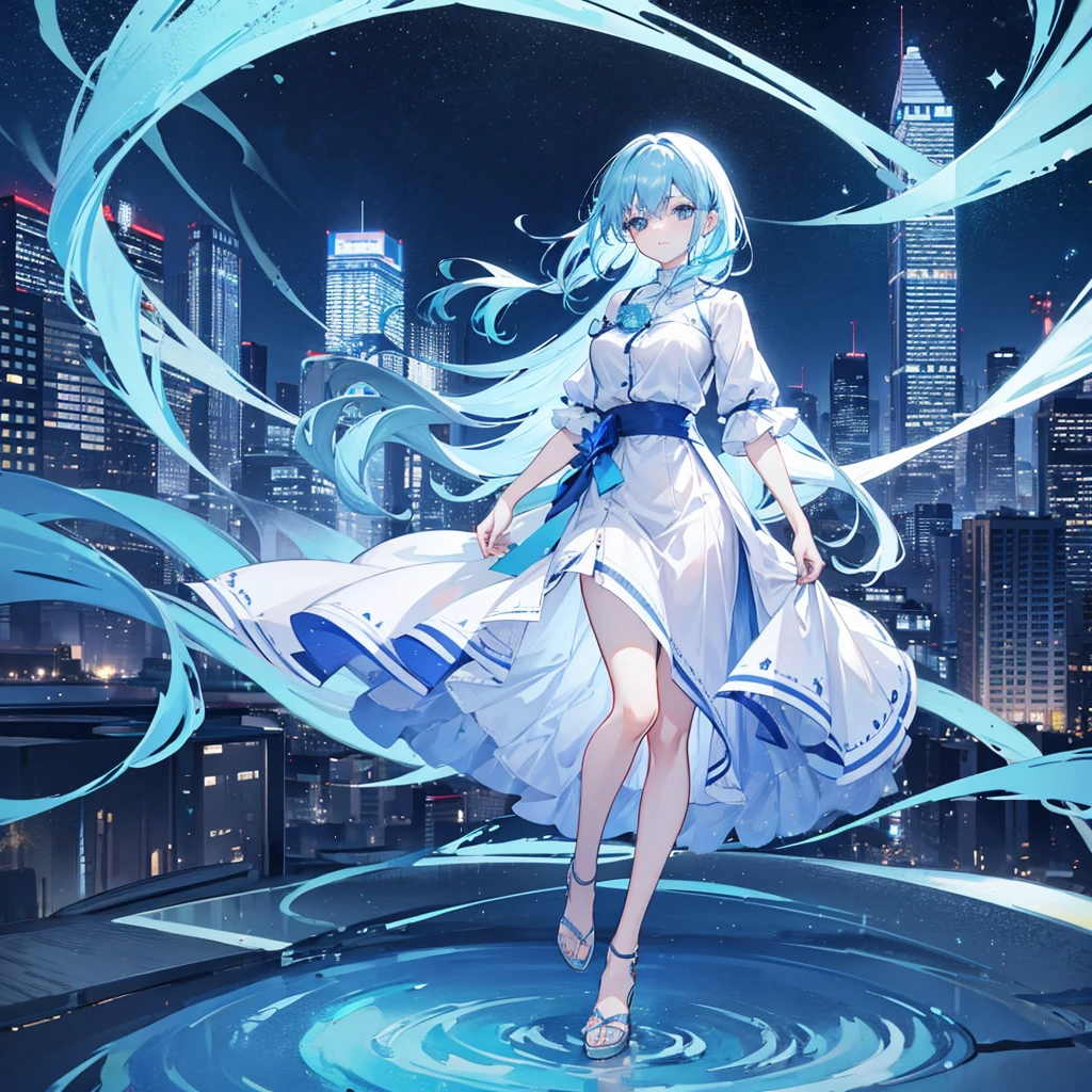1 woman,light blue hair,blue eyes,blue clothes, looking at viewer,full body photo, night city background