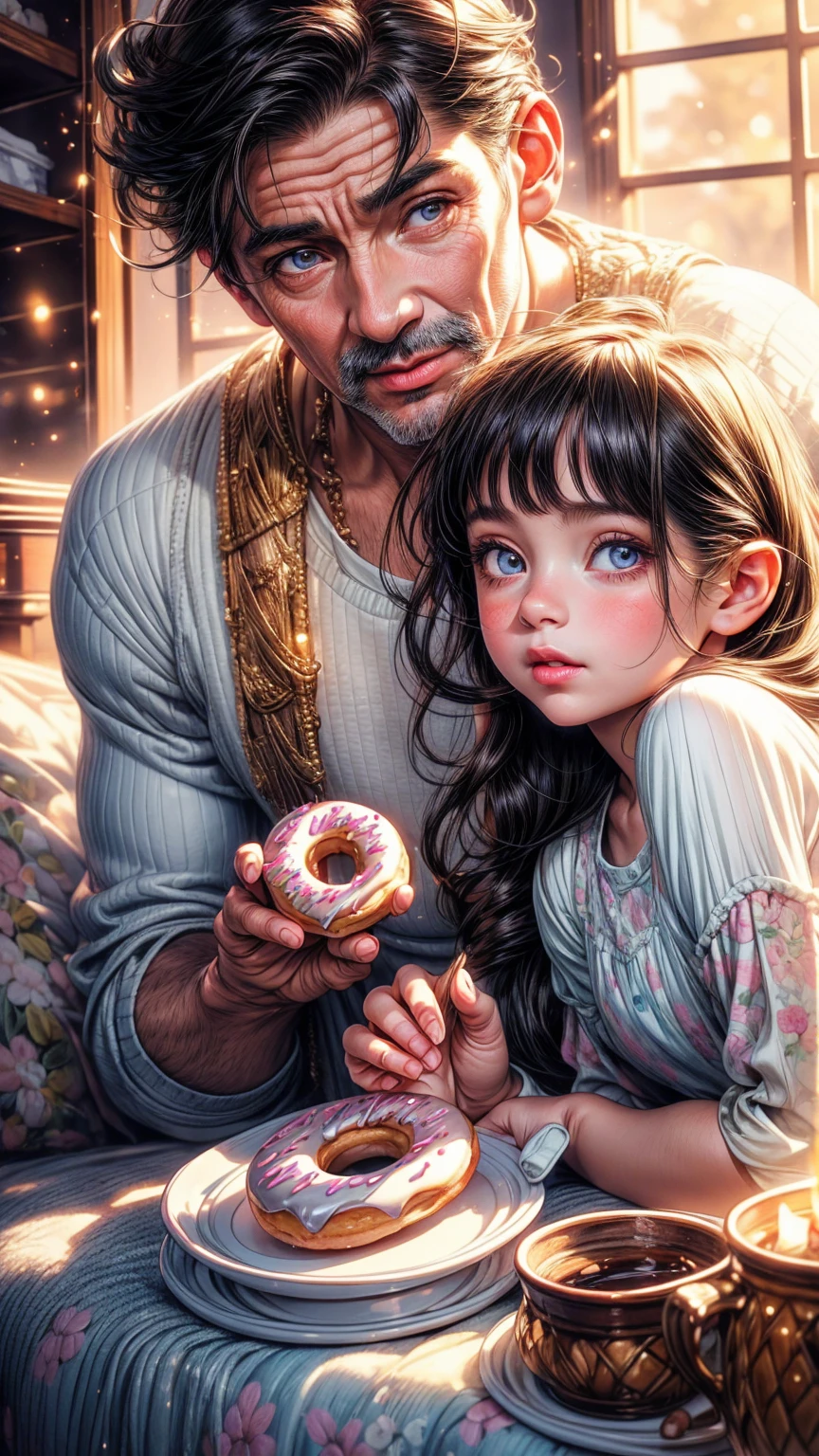 a middle-aged man eating donuts with a young girl, beautiful detailed eyes, beautiful detailed lips, extremely detailed eyes and face, long eyelashes, warm and cozy atmosphere, intimate family moment, soft lighting, pastel colors, oil painting, intricate details, masterpiece, photorealistic, 4k, hyperrealistic, high quality, elegant, beautiful, lovely, charming