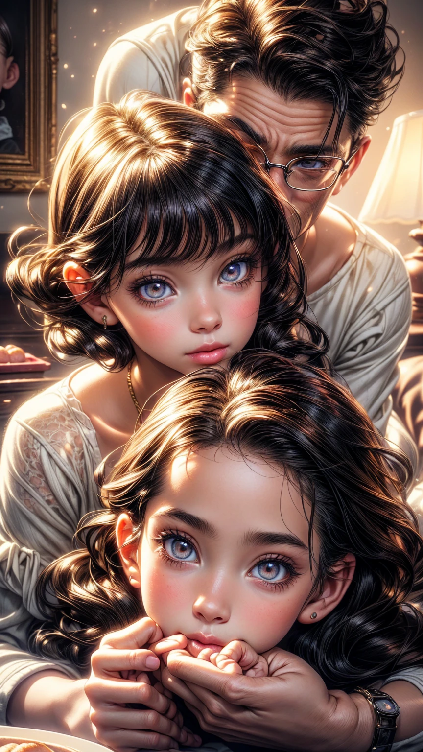 a middle-aged man eating donuts with a young girl, beautiful detailed eyes, beautiful detailed lips, extremely detailed eyes and face, long eyelashes, warm and cozy atmosphere, intimate family moment, soft lighting, pastel colors, oil painting, intricate details, masterpiece, photorealistic, 4k, hyperrealistic, high quality, elegant, beautiful, lovely, charming