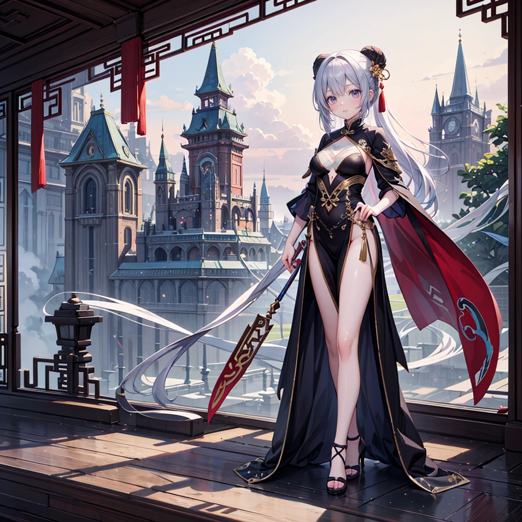 (Full body), solo, 1 beautiful girl wearing stunning chinese fantasy clothes, posing, standing female pose, in the fantasy world, beautyful fantasy landcape background, random wearther