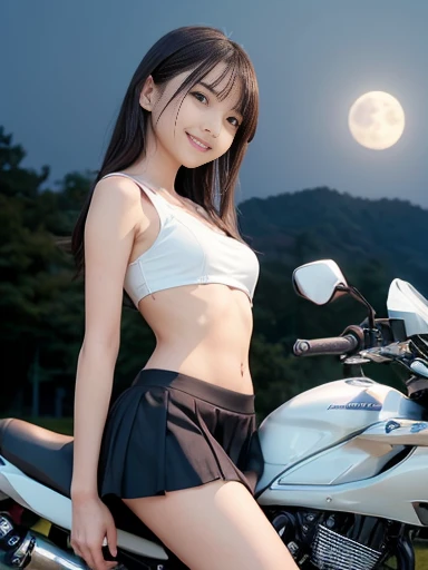 Japanese female, (underweight), (flat chest best quality:1.5), a lot of details, detailed black hair, beautiful detailed hair, super beautiful, delicate beautiful face, complex details beautiful and delicate eyes, perfect hands, perfect and delicate limbs, detailed skin, best quality, ultra-detailed,(cheerful grin:1.5),
(highway), motorcycle, (riding Kawasaki super sport motorcycle:1.2), messy hair, (school uniform), Japanese, (Enjoyable Scene), on the road, with a full moon, (at midnight), structural, closeup shot, from below