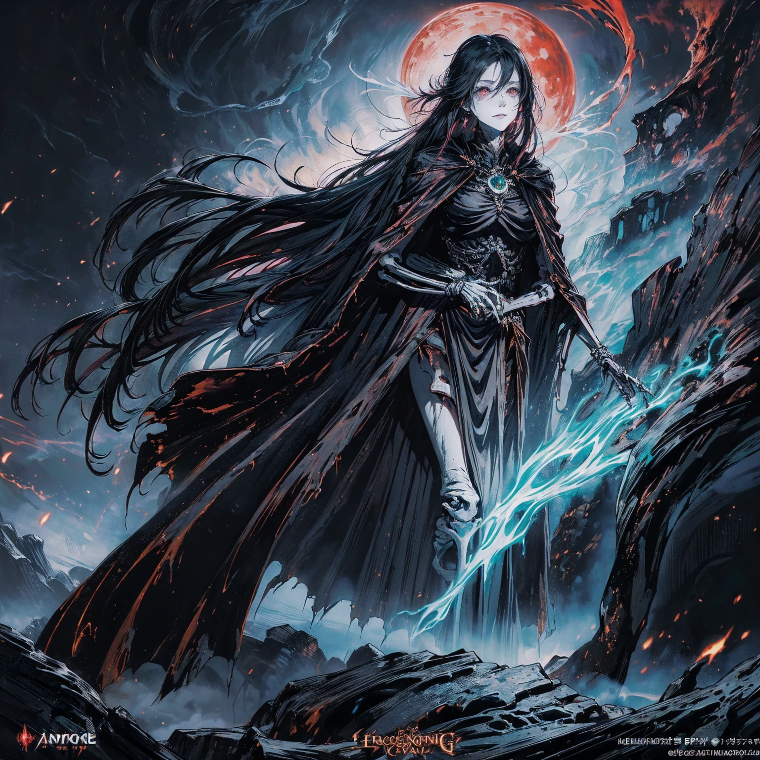 (full body shot:1.5), (Wide-angle lens:1.2), (black hair:1.5), best quality, 4K, high resolution, (masterpiece:1.2), Very detailed, (current:1.37), (Anatomically correct:1.5), Mood lighting, Undead girl in a long cloak, (Torso and limb is skeleton bone but head is still beautiful human face:1.2), Wearing a tattered gothic skirt, A sense of alienation, Dangerous sneer, Smiling and crying, Dark Force (StarWar), Force lightning radiates from fingertips, Facing the camera, Pitch black sky, Blood red moon, strange atmosphere, Gothic style, Unforgettable beauty, Dramatic shadows, Ethereal Light, Mysterious atmosphere, Resurrection from the grave, The Black Magic, Dead, Anime characters with black hair, Detailed cover design, Anime epic artwork, detailed key anime art, Be focused, dark fantasy artwork, Anime Fantasy Artwork, Official artwork with high detail, Dark Witch Panorama, Lich Vecna (d&d)