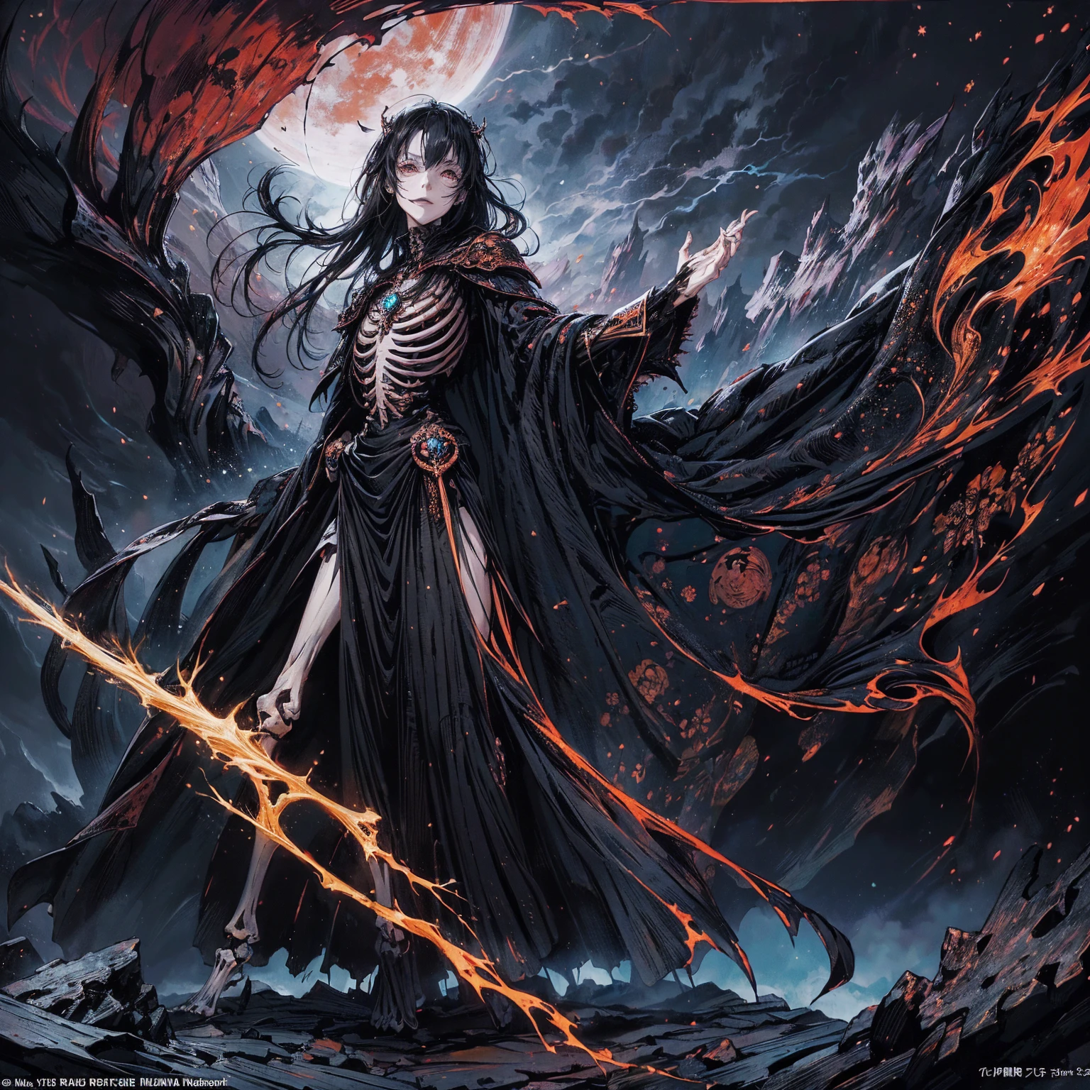 (full body shot:1.5), (Wide-angle lens:1.2), (black hair:1.5), best quality, 4K, high resolution, (masterpiece:1.2), Very detailed, (current:1.37), (Anatomically correct:1.5), Mood lighting, Undead girl in a long cloak, (Torso and limb is skeleton bone but head is still beautiful human face:1.2), Wearing a tattered gothic skirt, A sense of alienation, Dangerous sneer, Smiling and crying, Dark Force (StarWar), Force lightning radiates from fingertips, Facing the camera, Pitch black sky, Blood red moon, strange atmosphere, Gothic style, Unforgettable beauty, Dramatic shadows, Ethereal Light, Mysterious atmosphere, Resurrection from the grave, The Black Magic, Dead, Anime characters with black hair, Detailed cover design, Anime epic artwork, detailed key anime art, Be focused, dark fantasy artwork, Anime Fantasy Artwork, Official artwork with high detail, Dark Witch Panorama, Lich Vecna (d&d)