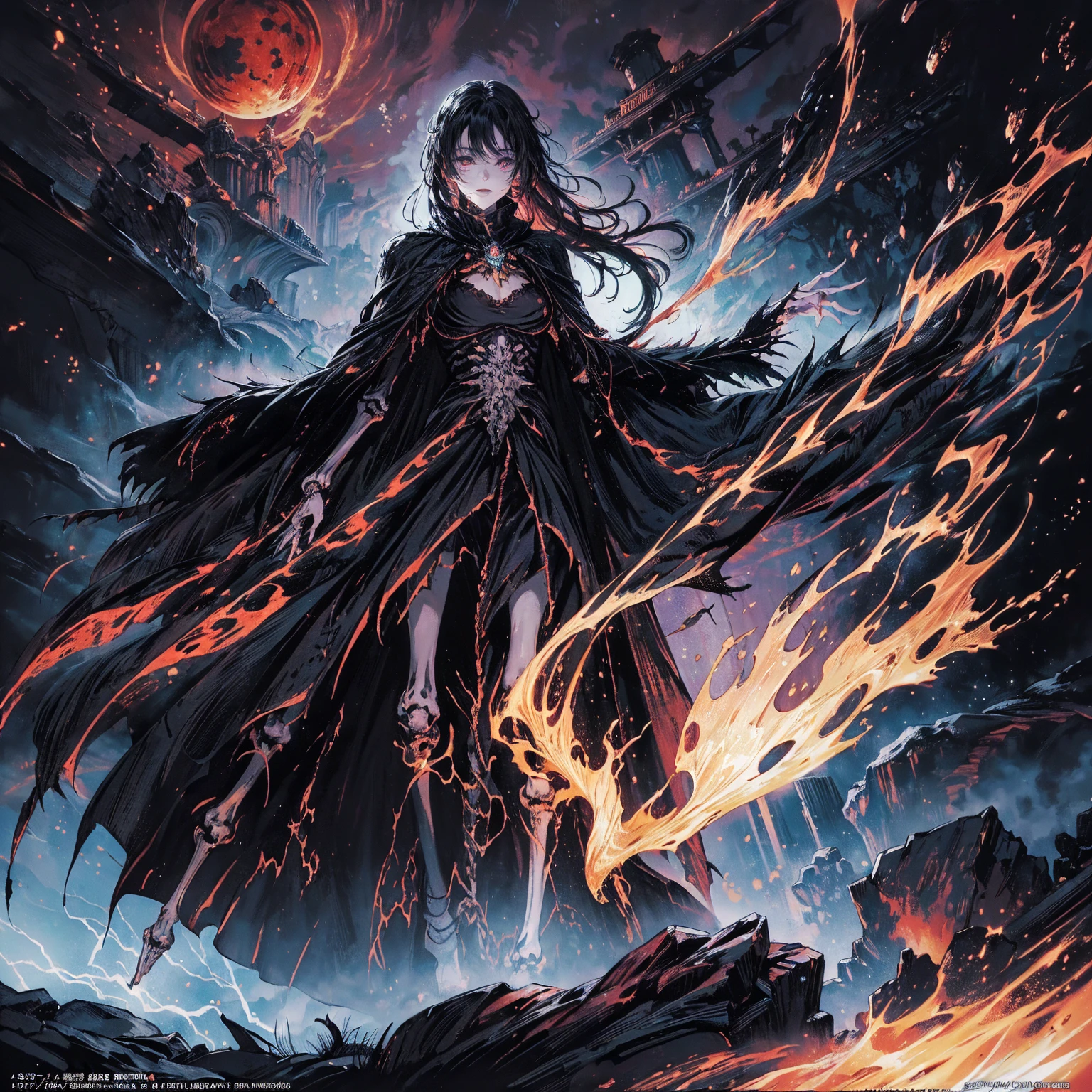 (full body shot:1.5), (Wide-angle lens:1.2), (black hair:1.5), best quality, 4K, high resolution, (masterpiece:1.2), Very detailed, (current:1.37), (Anatomically correct:1.5), Mood lighting, Undead girl in a long cloak, (Torso and limb is skeleton bone but head is still beautiful human face:1.2), Wearing a tattered gothic skirt, A sense of alienation, Dangerous sneer, Smiling and crying, Dark Force (StarWar), Force lightning radiates from fingertips, Facing the camera, Pitch black sky, Blood red moon, strange atmosphere, Gothic style, Unforgettable beauty, Dramatic shadows, Ethereal Light, Mysterious atmosphere, Resurrection from the grave, The Black Magic, Dead, Anime characters with black hair, Detailed cover design, Anime epic artwork, detailed key anime art, Be focused, dark fantasy artwork, Anime Fantasy Artwork, Official artwork with high detail, Dark Witch Panorama, Lich Vecna (d&d)