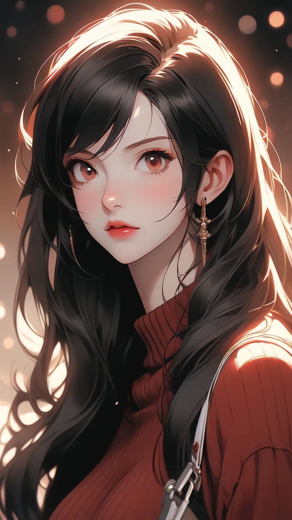 Anime girl in a red sweater holding a key, Retrato de Tifa Lockhart, Very detailed and exquisite fan art, seductor retrato de Tifa Lockhart, Retrato de Tifa Lockhart, Tifa Lockhart, Faye Wong Valentine's Day, Tohsaka., Tifa, High-quality fanart, Tifa Lockheart, Very detailed artgerm, Detailed fanart(((Full breasts)))(((Cleavage))),(Huge teardrop chest, Huge cleavage:1.2)Perfect body, Actress
