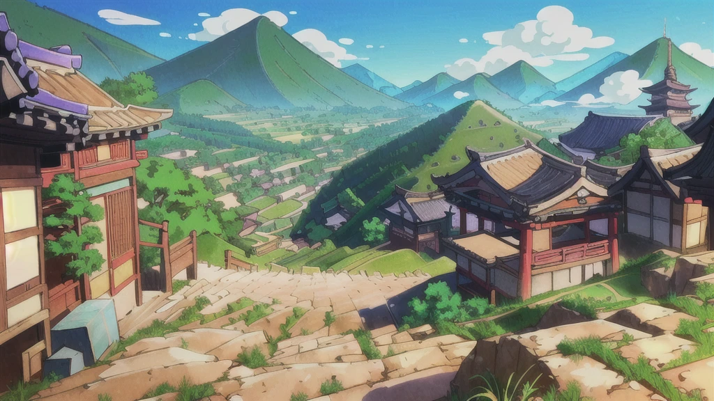 animated landscape of a man standing on a hill overlooking a village, anime countryside landscape, animated landscape, towns ， unreal engine, Chinese people, dojo on a mountain, beautiful animated landscape, animated landscape, 2d game environment design., animated landscape concept art, japanese people, animated landscape wallpaper, ancient asian village, Ross Tran. scenic background, animated background art, japanese rural village, bright colors