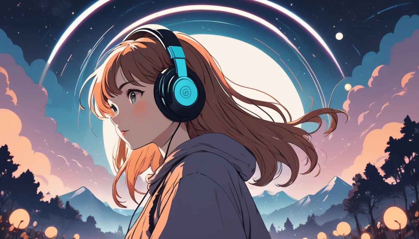 Girl with headphones, Wide-angle lens, Lofi Anime, Lofi illustration, Aesthetic atmosphere, Lo-Fi Style, Vector art, Flat Design, Simple shape, Warm tones, Pleasant atmosphere, Chill, In anime style, Digital drawing, Vector art, Vector logo for t-shirt printing, (Adorable:1.5), (small:1.4), (Playful:1.2), (soft:1.3), (Whimsical:1.1), masterpiece, Highest quality, 8k, Intricate details, grow, Celestial, Mysterious, Picturesque, amazing, Majestic, Magic, Fantasy art, Cover art, dream-like
