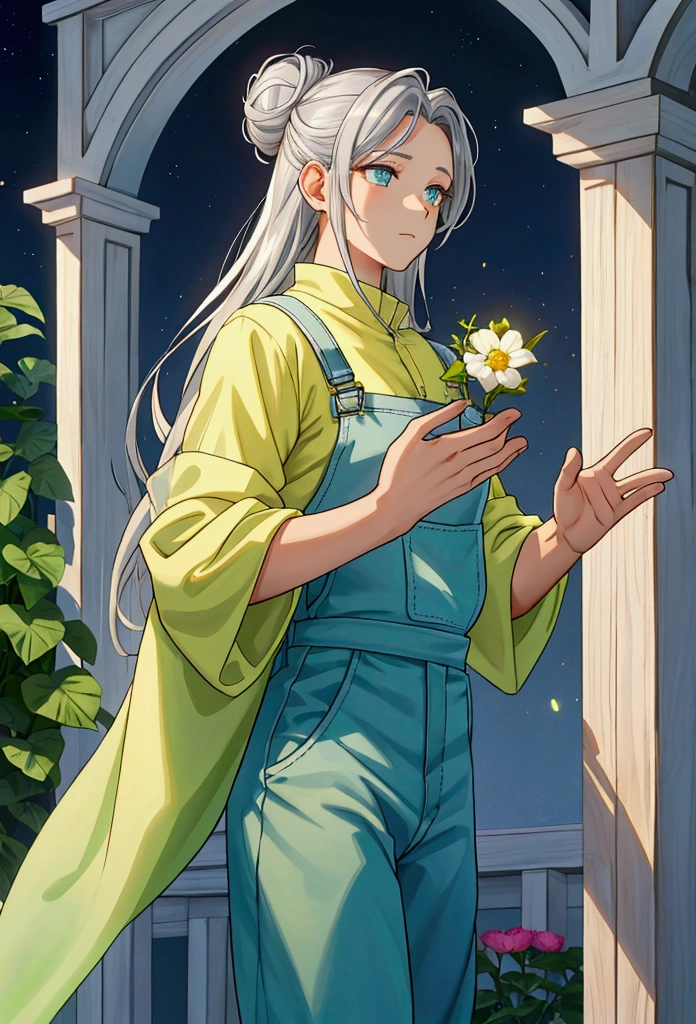 Imagine an average-sized man, radiating a serene and welcoming aura. Your hair is of medium length, with silver threads that shine in the light, neatly tied into a bun on top of the head. Their eyes, of an intense silver tone, convey calm and understanding, as if he could see directly into the soul of whoever looked at him.
He wears a pair of sturdy fabric gardening overalls., but comfortably adjusted to your body, denoting an uncomplicated and functional style. About the jumpsuit, heavenly veils float, in shades of green and yellow, that move gracefully with the breeze, as if they were an extension of your own essence. These veils, in addition to decorating, seem to emanate a soft glow, giving it an almost ethereal appearance.
Your presence is enchanting, capable of bringing comfort and enchantment to those around you. With each movement, there's a touch of silver magic, reflecting your inherent power. He can make small objects levitate, or create patterns of silver light in the air with a simple gesture, a reflection of your gifts and your deep connection with the silver element. Your voice is calm and melodious, always full of understanding and empathy, easily gaining the trust and respect of everyone who meets him.