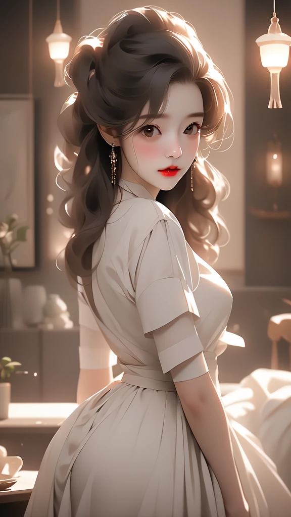 Woman, 30 years, adult, sexy maid, nigth, soft ligth, red lips, face detail, from behind, fingers --style realistic-imagine -