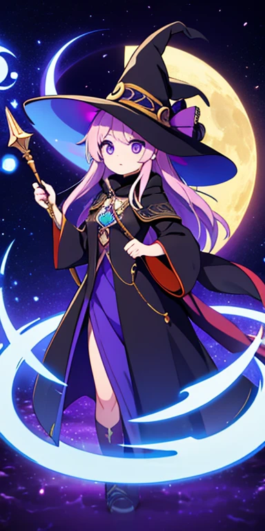 Features a mystical witch with a crescent moon staff surrounded by swirling magical orbs.