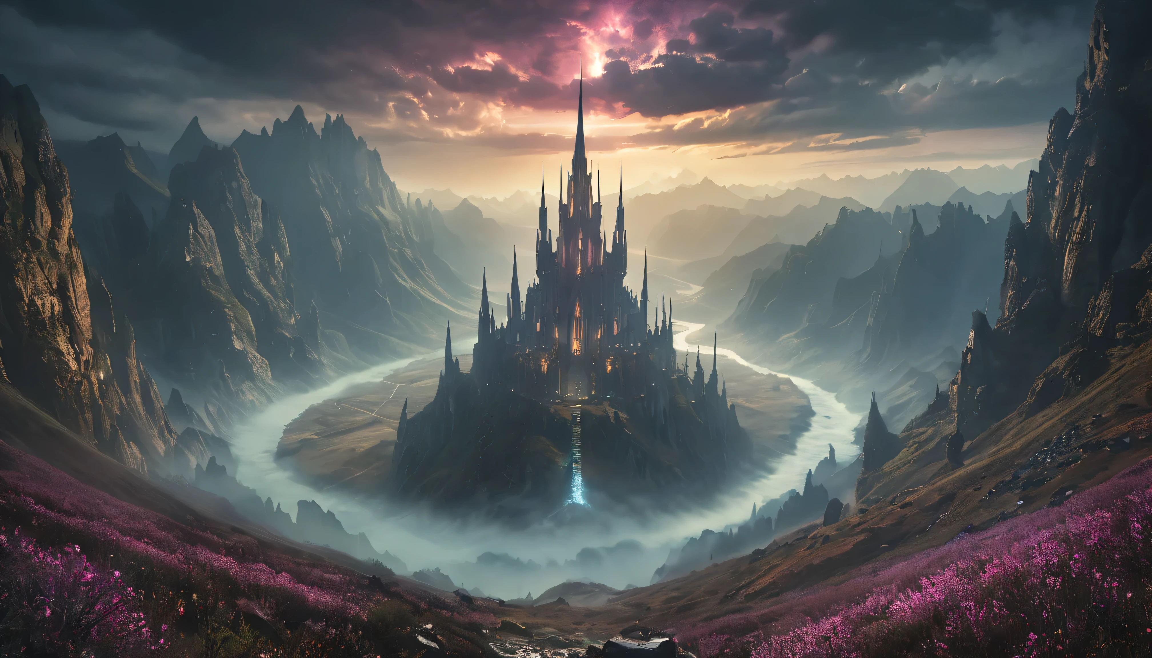 (best quality,4k,8k,highres,masterpiece:1.2),ultra-detailed,(realistic,photorealistic,photo-realistic:1.37),valley with hundreds of giant spires touching the sky on an alien world, general shot,dark,ominous atmosphere,dramatic lighting,cold color palette,demonic energy emanating,powerful presence,ethereal beauty,herculean strength,captivating,unsettling presence,haunting and mesmerizing,horrifyingly enchanting