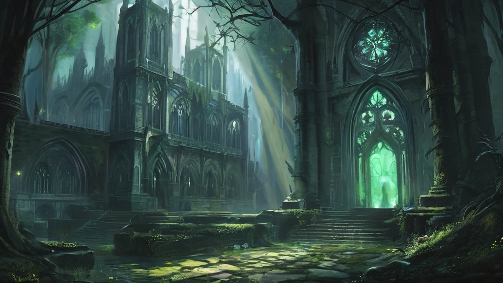 A majestic yet eerie medieval cathedral stands in the heart of a dense, shadowy forest. The cathedral’s ancient stone walls are overgrown with dark ivy, and its tall, stained-glass windows are cracked but still shimmer with faint, ghostly light. Sunlight barely penetrates the thick canopy of twisted, gnarled trees that surround the clearing, casting an otherworldly glow on the structure. The forest floor is littered with fallen leaves and twisted roots, adding to the sense of age and abandonment. The cathedral’s spires reach skyward, piercing through the gloom, as if seeking salvation from the oppressive darkness. Flickering will-o'-the-wisps hover near the entrance, illuminating the worn steps and casting long, wavering shadows. Inside, the pews are coated with dust, and ancient, arcane symbols are etched into the stone. The air is thick with an unsettling silence, broken only by the distant calls of unseen creatures, creating a haunting atmosphere in this dark fantasy setting."