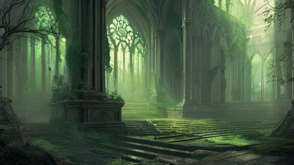 A majestic yet eerie medieval cathedral stands in the heart of a dense, shadowy forest. The cathedral’s ancient stone walls are overgrown with dark ivy, and its tall, stained-glass windows are cracked but still shimmer with faint, ghostly light. Sunlight barely penetrates the thick canopy of twisted, gnarled trees that surround the clearing, casting an otherworldly glow on the structure. The forest floor is littered with fallen leaves and twisted roots, adding to the sense of age and abandonment. The cathedral’s spires reach skyward, piercing through the gloom, as if seeking salvation from the oppressive darkness. Flickering will-o'-the-wisps hover near the entrance, illuminating the worn steps and casting long, wavering shadows. Inside, the pews are coated with dust, and ancient, arcane symbols are etched into the stone. The air is thick with an unsettling silence, broken only by the distant calls of unseen creatures, creating a haunting atmosphere in this dark fantasy setting."