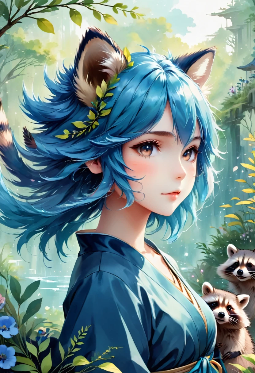 Anime girl with blue hair and raccoon ears, 2D Animation style, Wave, 2D Animation, Cute art style in anime, by Shimo, This is denied, Anime Style 4k, 2D Art, QR Diagram Art, Anime Girl Profile, From Arknights, By Proulx, No type, by Kamaguka, return、The motif is a raccoon dog、Anthropomorphic raccoon dog