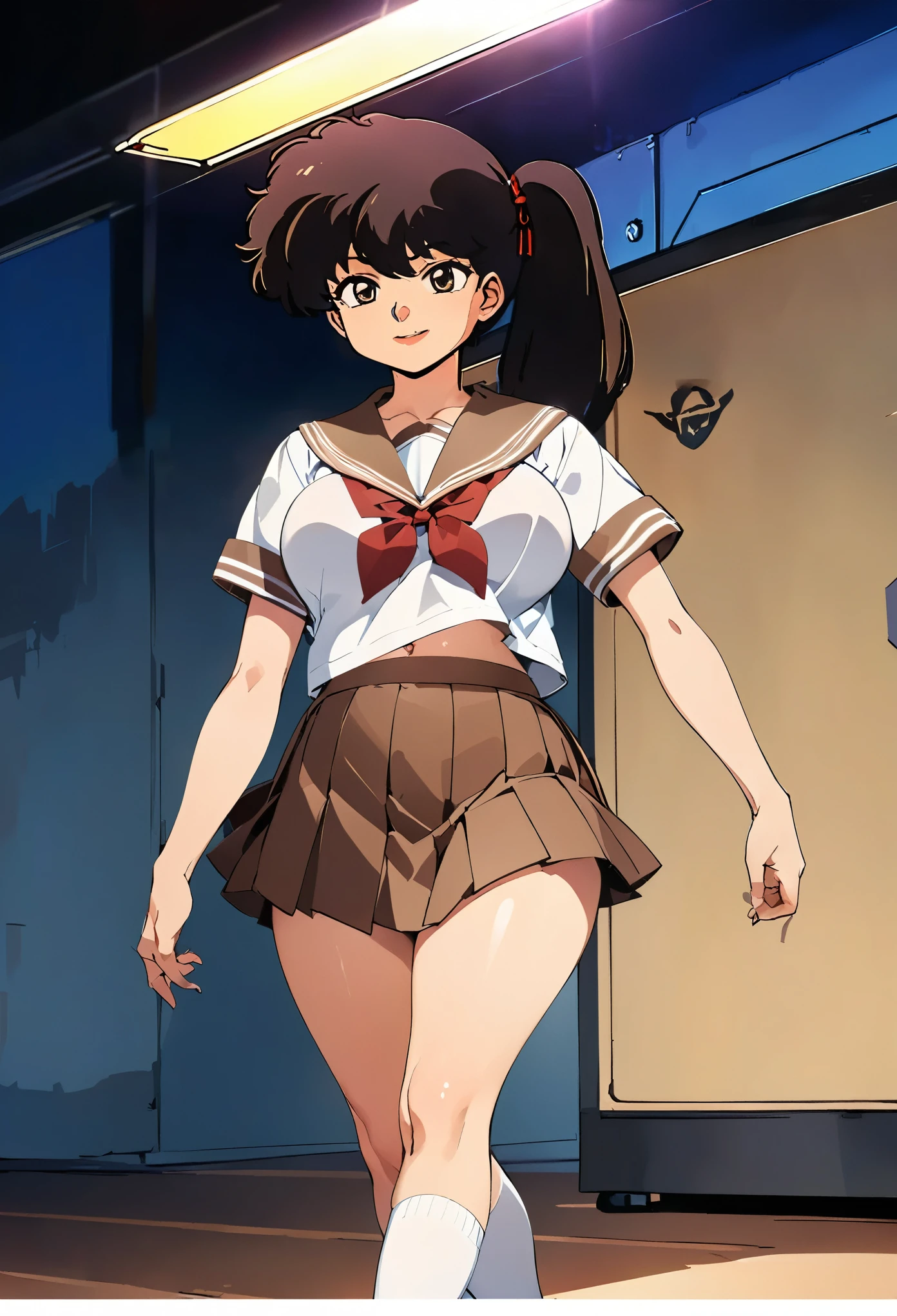 (((masterpiece, Highest quality, case)))), High resolution、1990s、anime cel style, 1 girl,alone, kodachi kuno (, Long black hair in a side ponytail Japanese school attire(( A short, cream-colored sailor suit,Brown collar、Brown pleated skirt,Alloy white T-shaped, Socks skin color(light brown)))), Huge breasts, Broad shouldered、beautiful girl,Bright smile、White knee-high socks、Put your left foot forward、Detailed skin、Daytime Park、I can see your belly、Curved belly、Three-dimensional