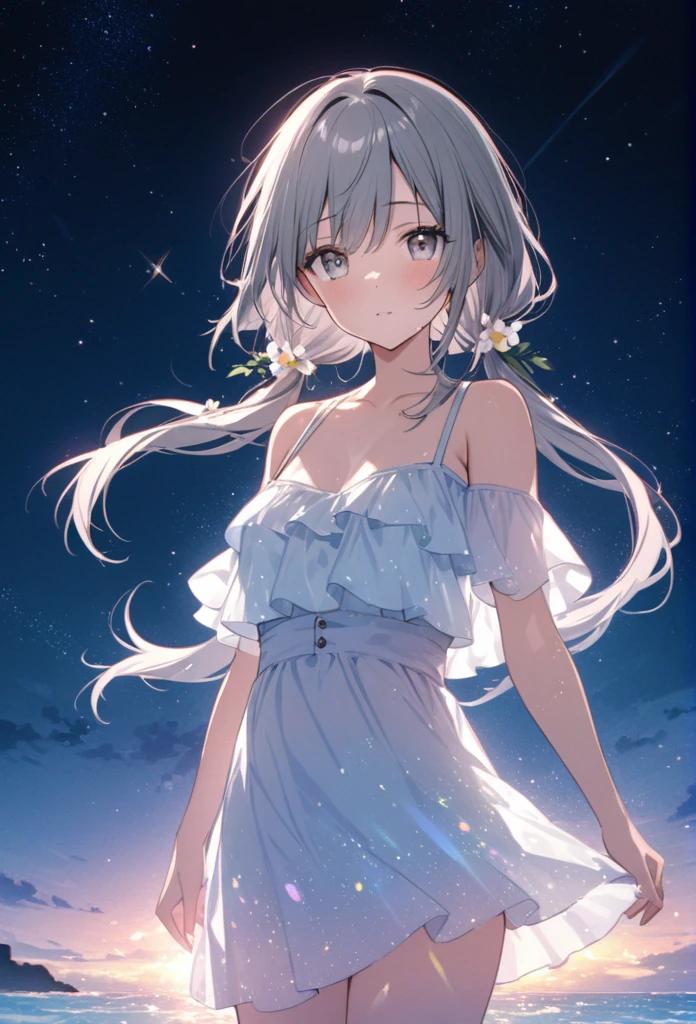 Highest quality　masterpiece　High resolution　Masterpiece Gray Eyes　Low twin tails、casual summer outfit　、flowerpunk、Sparkling light particles、Vivid gradient effect