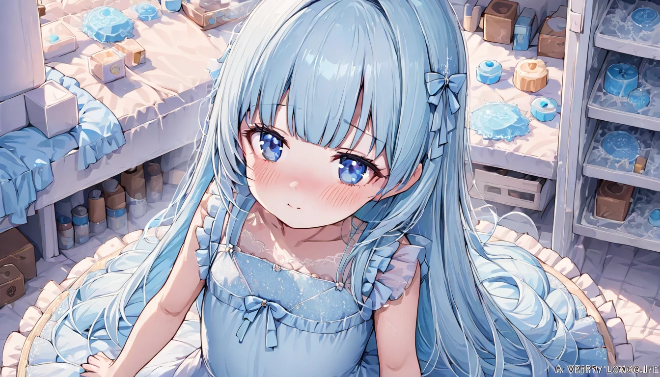 masterpiece, best quality, extremely detailed, (illustration, official art:1.1), 1 girl ,(((( light blue long hair)))), ,(((( light blue long hair)))),light blue hair, , long hair ((blush)) , cute face, masterpiece, best quality,(((((a very delicate and beautiful girl))))),Amazing,beautiful detailed eyes,blunt bangs((((little delicate girl)))),.(true beautiful:1.2), sense of depth,, (true beautiful:1.2),,(tiny 1girl model:1.2),)(flat chest),(adolescence girl), (loli, petite), (white detailed princess dress with many frills),  (beautiful and detailed face), nice hands, perfect hands, (Inside the freezer, the princess lies in a peaceful slumber. She is surrounded by ice crystals, her beautiful face visible through a thin veil of ice.)portrait of a sleeping beauty, (ice flower),Great aesthetics, fantasy theme, Ice petals falling,(snow,iceTheme)、,A world covered in silver,  Cold winter feel, Sleeping