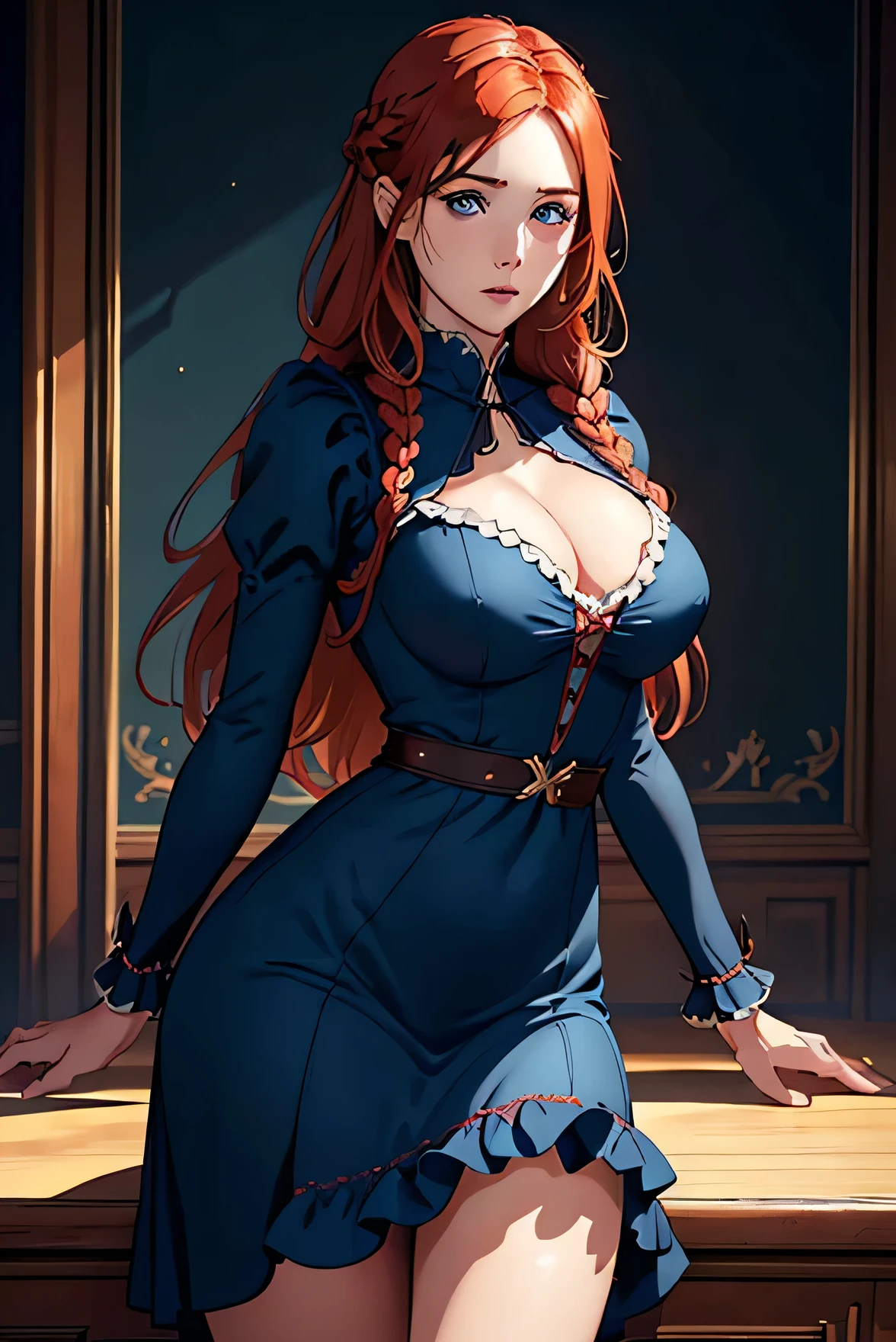 Cute Farmgirl with Braids. ((red haired woman, long hair)), Perfectly round face. Beautiful cute face, Big beautiful voluptuous lips, charming beauty, ((gentle expression on your face)), ((Beautiful detailed big blue eyes)), Waist slender, Broad Hips ((Dark blue dress with ruffles, modest dress, very high neckline)) (highy detailed)),offcial art, Award-winning digital painting, digital illustration, extreme detail, 4K, ultra HD, Rococo, polished, intrikate, realistic fantasy art, sharp focus, conceptual artwork, arte por wlop, artgerm, (2D vector illustration) Lumiere, airy, hourglass figure. ellie bamber