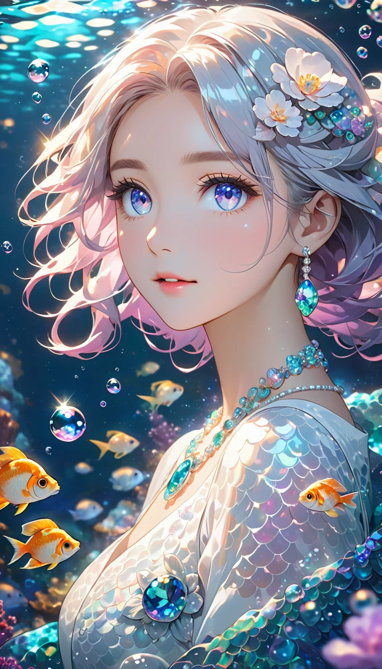 deep sea，Yang，bubble，Alexandrite eyes and hair,shell装饰, Gemstone Necklace, shell，Fish scale white dress, , (Dynamic Lighting:1.2), light, Beautiful, Beautiful eyes, Sharp pupils, Boundary depth written, Bokeh, Clear focus, (Very detailed, bloom, shine:1.4), 许多小bubble