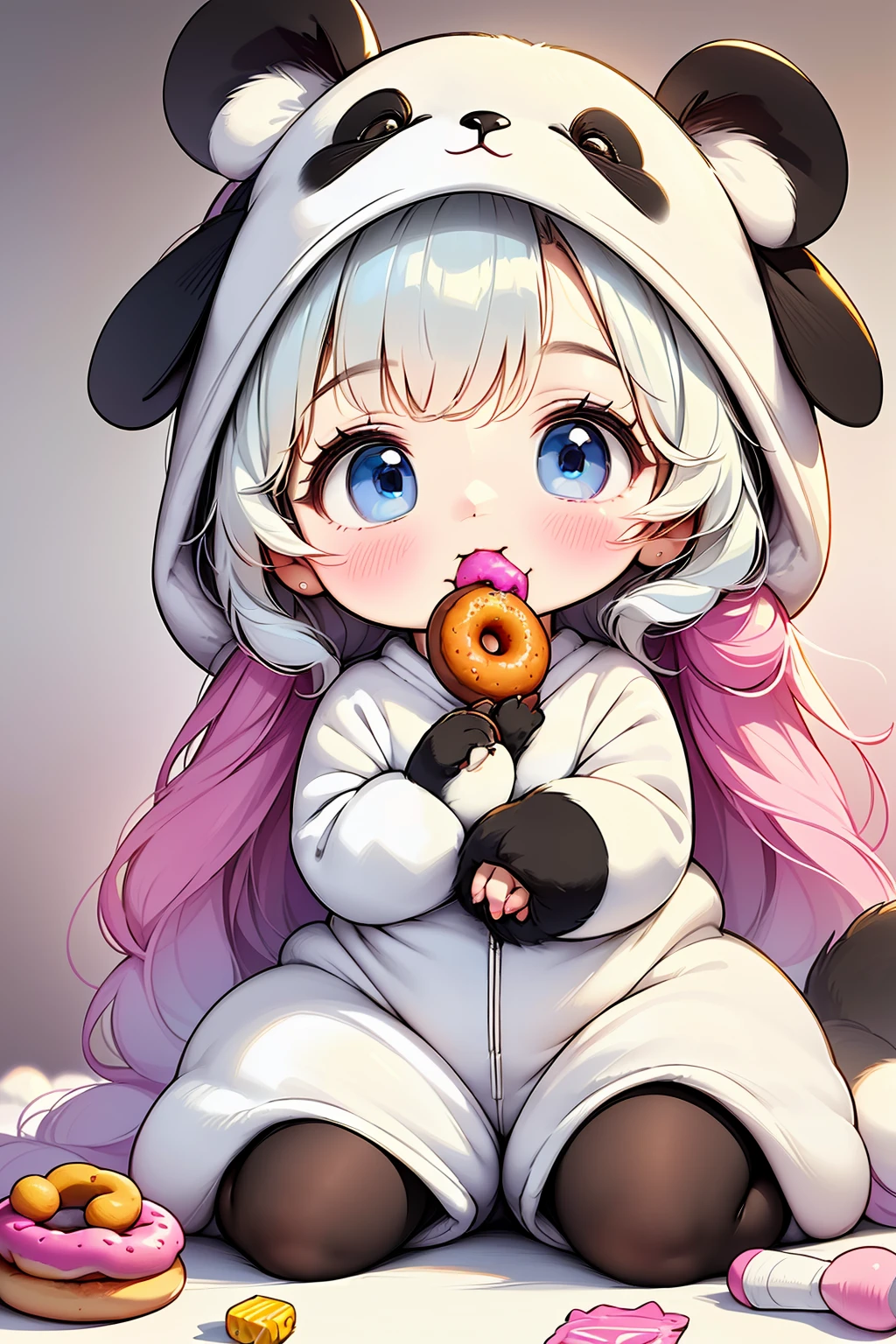 wide shot, centered, full body, ((a  in panda costume eating donuts (black and white costume):1.4)), sitting and eating candy:1.3, dynamic pose, (dog begging for candy:1.3), highly detailed, 8K, high definition, adorable, high quality, photorealistic, colorful, vibrant, soft lighting, plush panda costume, tousled hair, round cheeks, big eyes, detailed facial features, cheerful expression, playful, whimsical, intricate details, lollipops, sweet, textured fur, fluffy panda ears, paws, dog wagging tail, anticipation, cute, heartwarming, endearing