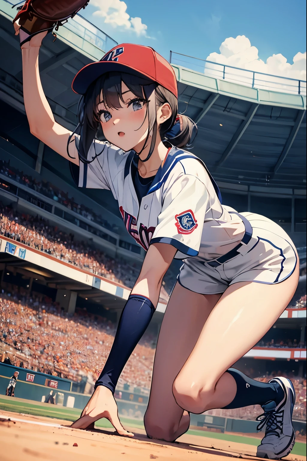 Baseball Beauty、Sexy、court、Catching the ball with a glove、Defense、Kneel、bend over、Jump on