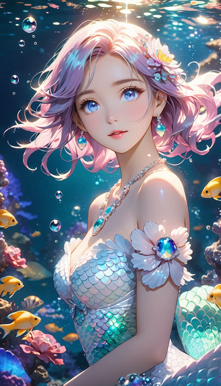 deep sea,Yang,bubble,Alexandrite eyes and hair,shell装饰, Gemstone Necklace, shell,Fish scale white dress, , (Dynamic Lighting:1.2), light, Beautiful, Beautiful eyes, Sharp pupils, Boundary depth written, Bokeh, Clear focus, (Very detailed, bloom, shine:1.4), 许多小bubble,Mermaid Princess