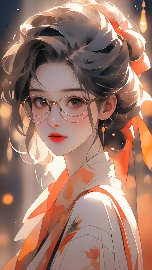 realistic,best quality,(masterpiece:1.2),absurdres,(1girl, solo),watercolor,a beautiful woman,shoulder,hair ribbons,half body portrait,extremely luminous bright design,(ink:1.3),autumn lights,looking at viewer,