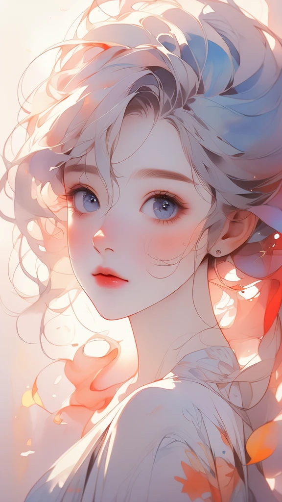 (8k, best quality, masterpiece:1.2),(best quality:1.0), (ultra highres:1.0), watercolor, a beautiful woman, shoulder, hair ribbons, by agnes cecile, half body portrait, extremely luminous bright design, pastel colors, (ink:1.3), autumn lights
