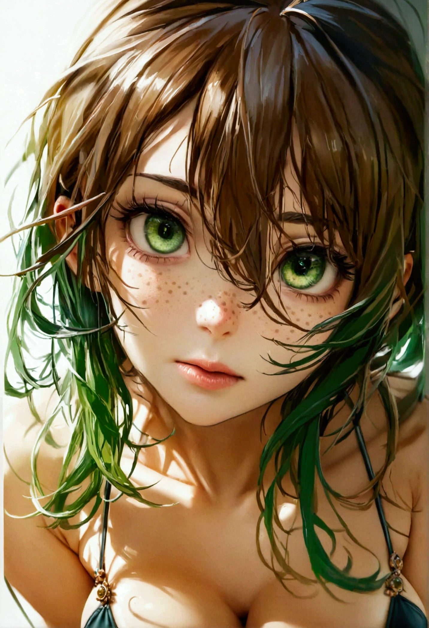 (masterpiece), best quality, expressive eyes, perfect face, ((beautiful face)), big breasts, cleavage, sexual, bikini, green eyes, brown hair, bangs, hair over one eye, pale skin, freckles, full body