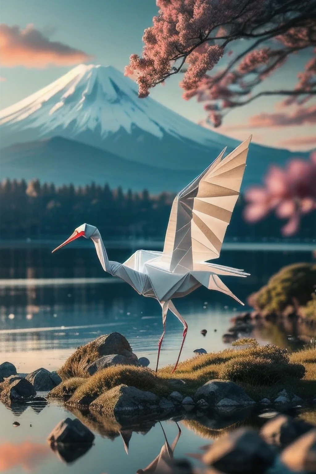 intricate origami crane, Mount Fuji, delicate paper art, beautiful detailed origami, stunning origami masterpiece, exquisite paper folding, realistic 3D origami, highly detailed origami, breathtaking origami crane, serene Japanese landscape, majestic Mount Fuji, traditional Japanese art, elegant paper art, finest quality origami, ultra-detailed origami, (best quality,4k,8k,highres,masterpiece:1.2),ultra-detailed,(realistic,photorealistic,photo-realistic:1.37),vibrant colors,natural lighting,delicate paper textures