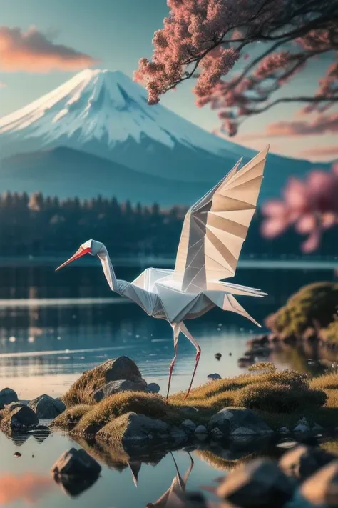 intricate origami crane, mount fuji, delicate paper art, beautiful detailed origami, stunning origami masterpiece, exquisite pap...