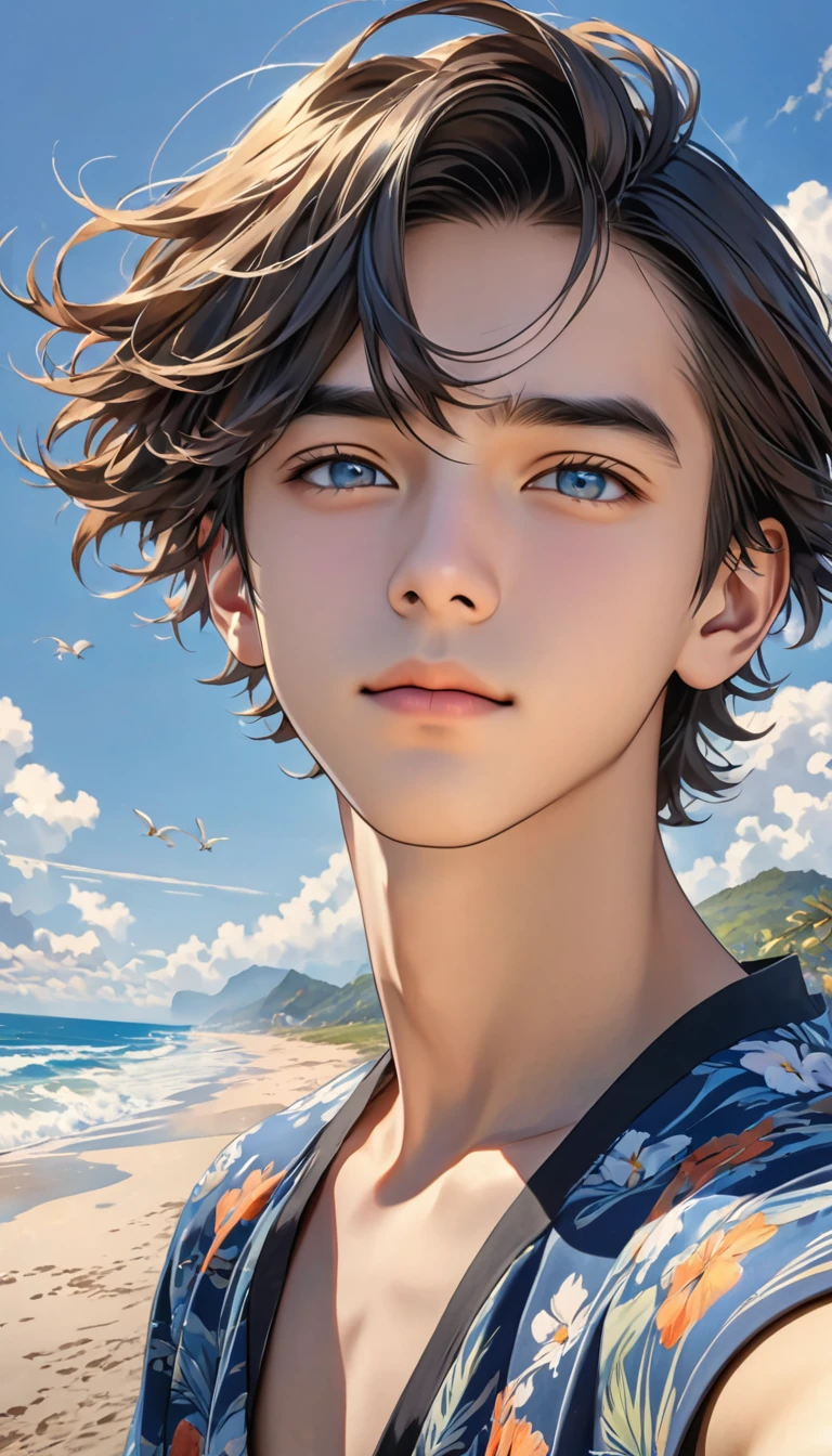 best quality, masterpiece, Ultra-high resolution, (Practical: 1.4), original photo, wallpaper, avatar, skin, Simple background, Iris, detailed, Selfie, 1 boy, 18 years old, nice, wind,Beach