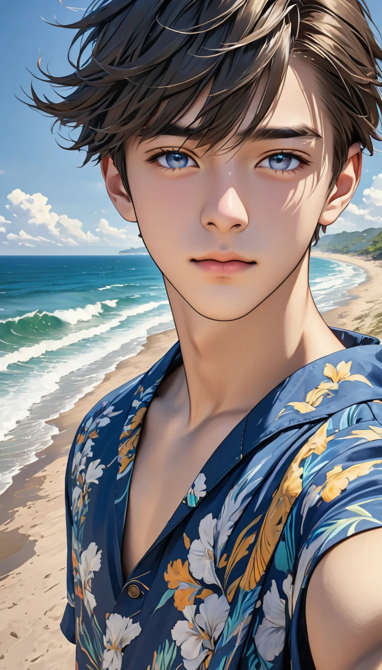 best quality, masterpiece, Ultra-high resolution, (Practical: 1.4), original photo, wallpaper, avatar, skin, Simple background, Iris, detailed, Selfie, 1 boy, 18 years old, nice, wind,Beach