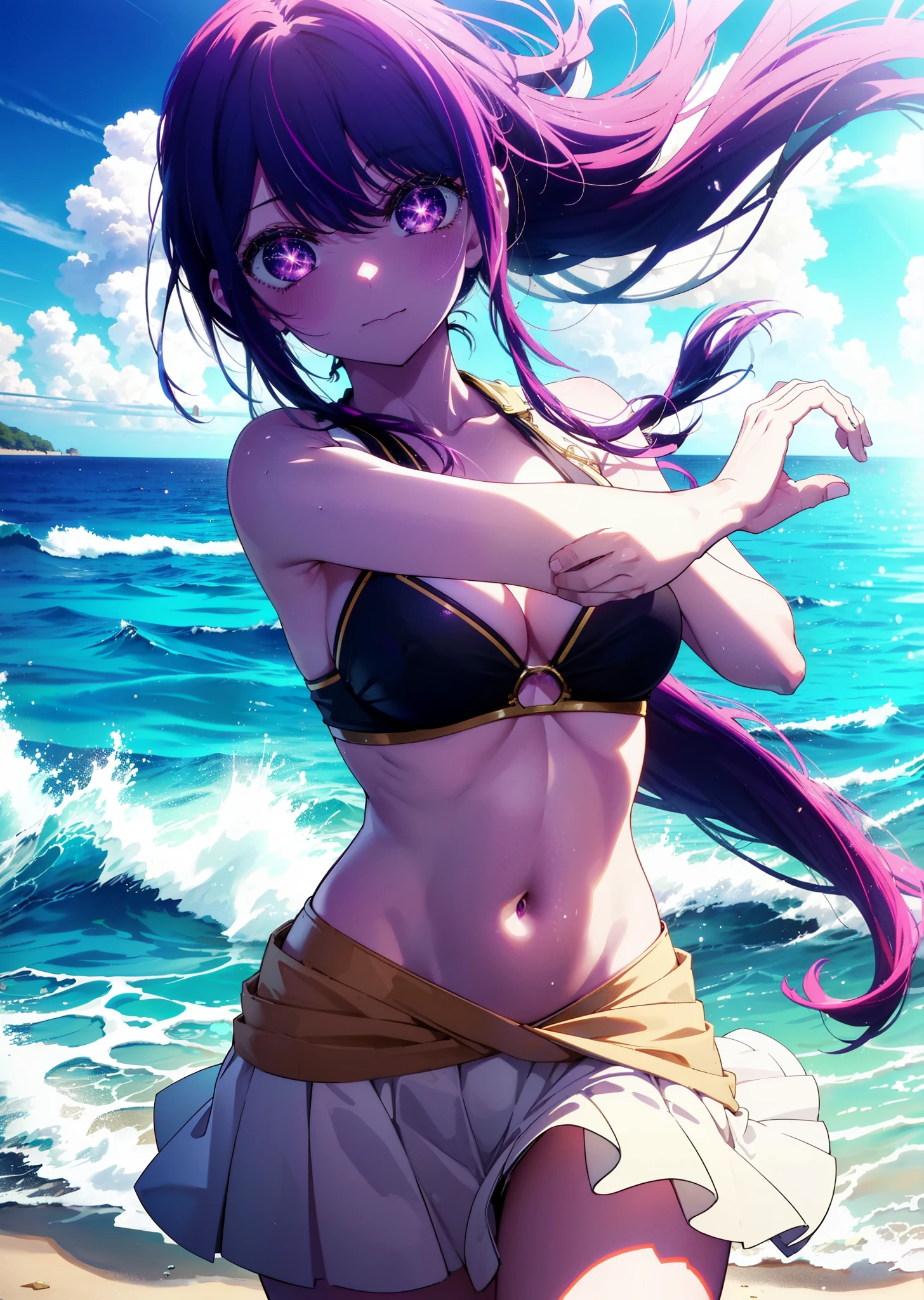 aihoshino, Ai Hoshino, Long Hair, bangs, (Purple eyes:1.1), Purple Hair, (Symbol-shaped pupil:1.5), smile,,Bikini Swimwear,A long, thin skirt wrapped around the waist,belly button,abdomen, Dancer, gold belly Dancer,whole bodyがイラストに入るように,Stroll along the sandy beach,
break outdoors, Beach,
break looking at viewer, whole body,(Cowboy Shot:1. 5)
break (masterpiece:1.2), Highest quality, High resolution, unity 8k wallpaper,, (shape:0.8), (Beautiful attention to detail:1.6), Highly detailed face, Perfect lighting, Highly detailed CG, (Perfect hands, Perfect Anatomy),