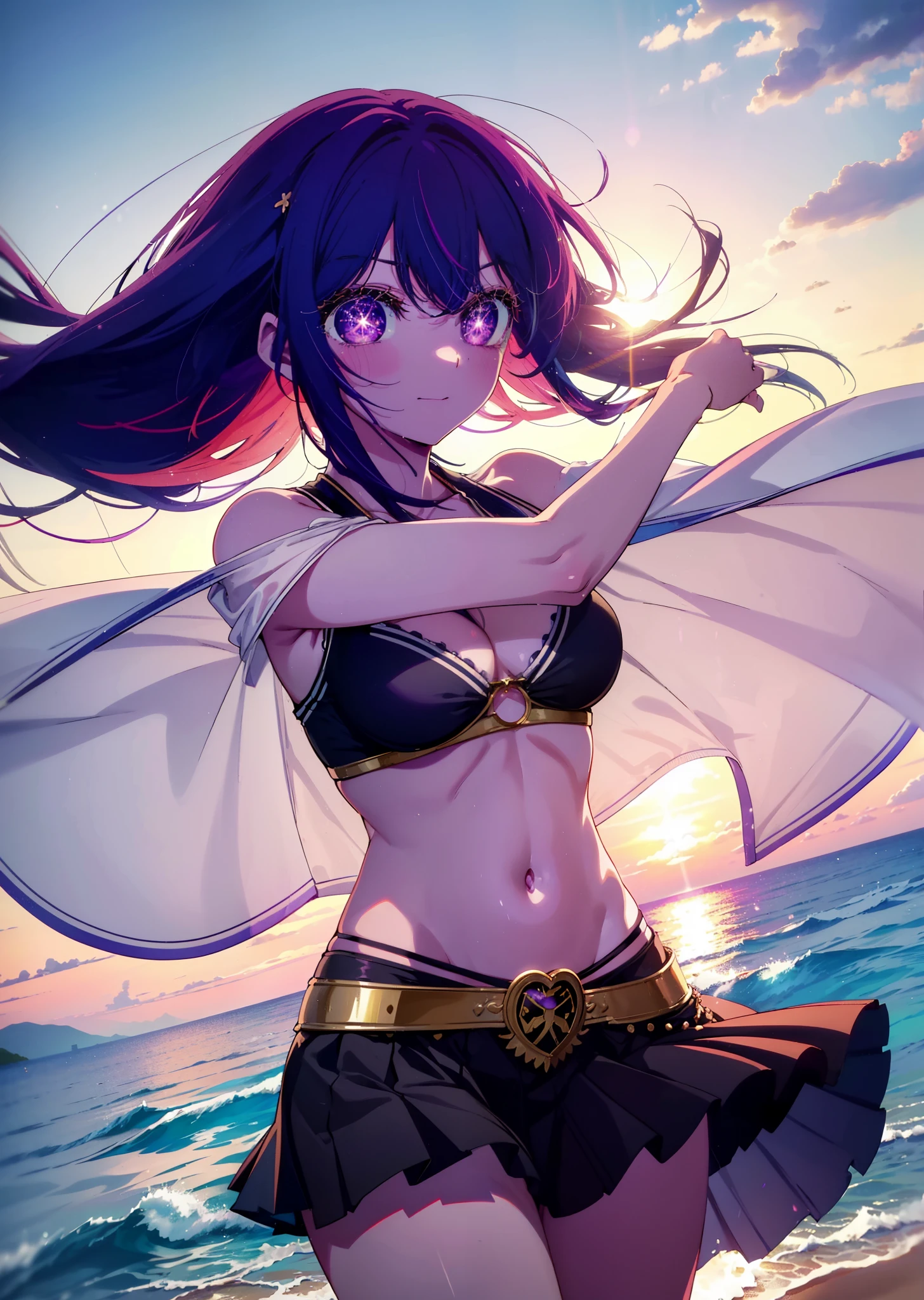aihoshino, Ai Hoshino, Long Hair, bangs, (Purple eyes:1.1), Purple Hair, (Symbol-shaped pupil:1.5), smile,,Bikini Swimwear,A long, thin skirt wrapped around the waist,belly button,abdomen, Dancer, gold belly Dancer,whole bodyがイラストに入るように,Stroll along the sandy beach,
break outdoors, Beach,
break looking at viewer, whole body,(Cowboy Shot:1. 5)
break (masterpiece:1.2), Highest quality, High resolution, unity 8k wallpaper,, (shape:0.8), (Beautiful attention to detail:1.6), Highly detailed face, Perfect lighting, Highly detailed CG, (Perfect hands, Perfect Anatomy),