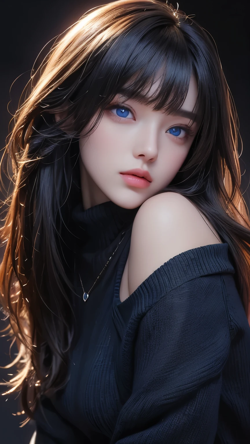 masterpiece, Highest quality, Very detailed, Facing the camera, 複雑に詳細なSuper detailed, Realistic, Sharp features, Very detailed, Sharp focus, Perfect Face, Perfect Face, Perfect symmetrical perfect eyes, Perfect Plump Lips, Flexible female form, Cinematic, Film Light, Super detailed, hyper Realistic, masterpiece, Atmospheric, High resolution, Vibrant, Dynamic Studio Lighting, ((Dark Background)), The expression when receiving pleasure, Straight bangs, blue eyes,Black sweater, Cowboy Shot, ,