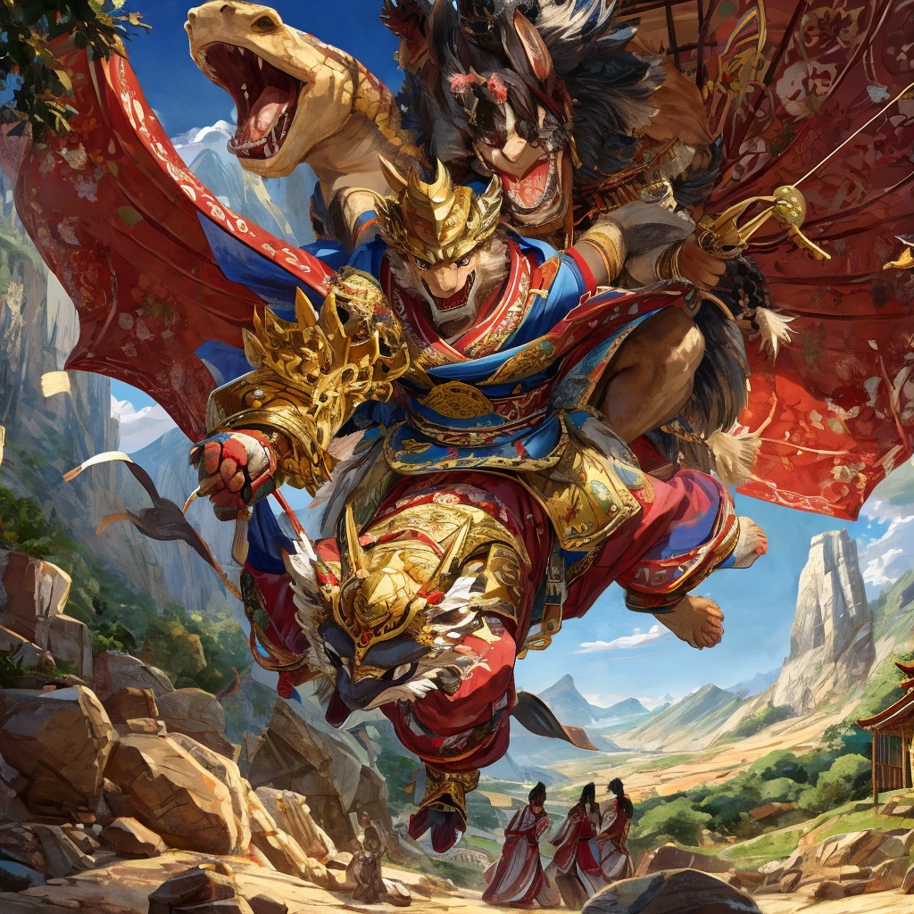Masterpiece, A scene from Japanese mythology in which a young god dressed in ancient clothing and riding a flying horse fights and defeats a giant snake with eight heads bigger than a mountain.
