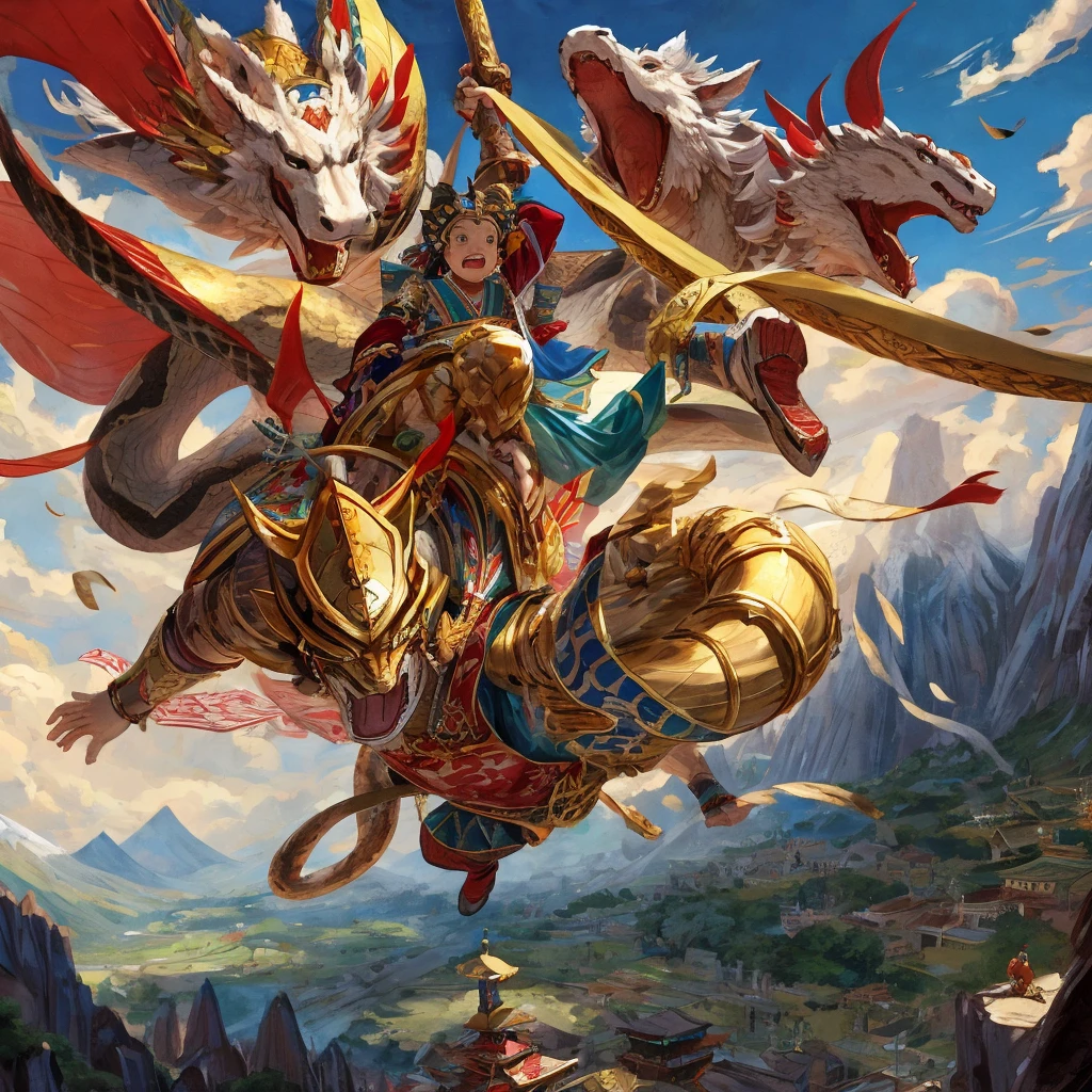 Masterpiece, A scene from Japanese mythology in which a young god dressed in ancient clothing and riding a flying horse fights and defeats a giant snake with eight heads bigger than a mountain.