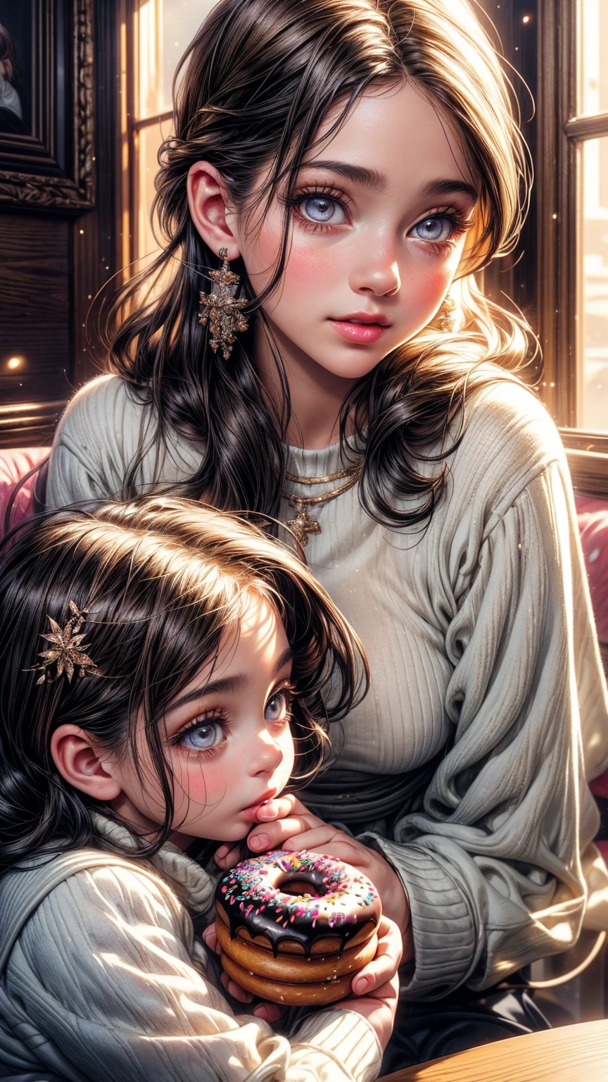 a middle-aged man eating donuts with a young girl, beautiful detailed eyes, beautiful detailed lips, extremely detailed eyes and face, long eyelashes, warm and cozy atmosphere, intimate family moment, soft lighting, pastel colors, oil painting, intricate details, masterpiece, photorealistic, 4k, hyperrealistic, high quality, elegant, beautiful, lovely, charming