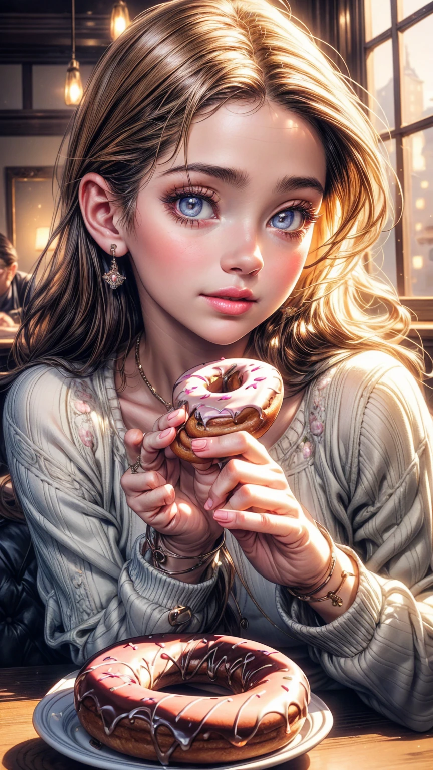 a middle-aged man eating donuts with a young girl, beautiful detailed eyes, beautiful detailed lips, extremely detailed eyes and face, long eyelashes, warm and cozy atmosphere, intimate family moment, soft lighting, pastel colors, oil painting, intricate details, masterpiece, photorealistic, 4k, hyperrealistic, high quality, elegant, beautiful, lovely, charming