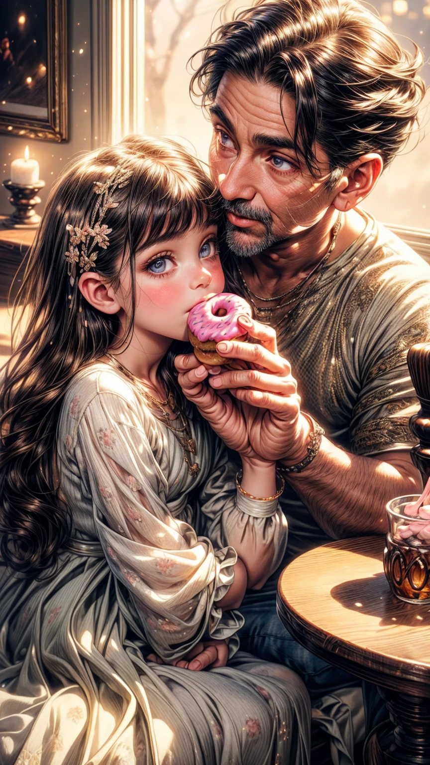a middle-aged man eating donuts with a young girl, beautiful detailed eyes, beautiful detailed lips, extremely detailed eyes and face, long eyelashes, warm and cozy atmosphere, intimate family moment, soft lighting, pastel colors, oil painting, intricate details, masterpiece, photorealistic, 4k, hyperrealistic, high quality, elegant, beautiful, lovely, charming