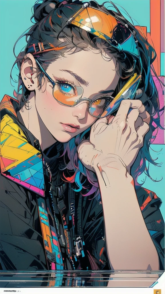 (((masterpiece, highest quality))),(((solo:1.2))),(((1girl:1.2))),32k wallpaper, very detailed, poster, vintage science fiction,(((((geometric cinematic movie poster))))), ((bauhaus)),(shape),(((abstract))),(mid century modern),movie poster,(((((portfolio))))),(((((Close-up))))),(((((bust up))))),((((more various angle)))),((((highlight)))),((((heterochromia)))),(((complete. detailed face))),((((Extremely talented)))),(((((most complecated futristic))))),(Colorful color scheme),(((detailed unlimited complete equipment : fullcover reflection lens goggle))),(((((Absolutely simple background))))),(((texture:grunge))),(((Cheek resting on hand))),((Rest on your chin)))