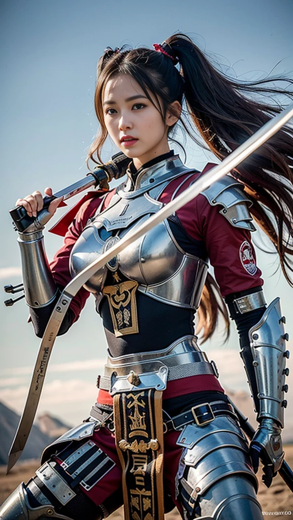 (Highest quality,High resolution,masterpiece:1.2),mechanical,Hydraulic cylinder,Samurai Armor,Japanese sword,beautiful girl,Twin tails,Silver Hair,Realistic,photoRealistic:1.37,photo shoot,Very detailed,hyper-Realistic textures,whole body,battlefield